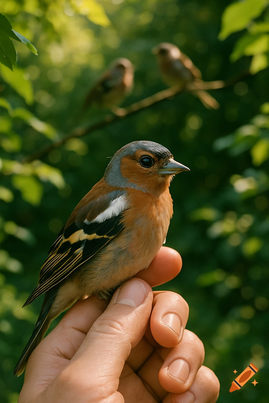 A person's hand gently holds a small, colorful bird with grey, orange, and white feathers. Two blurry birds perch on a branch in a lush green background.