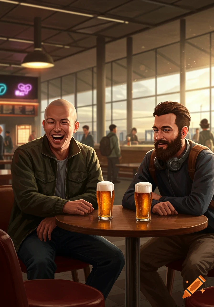 Two men, one bald and one with a beard and headphones, laugh while having beers at a sunlit airport bar. Realistic illustration style.