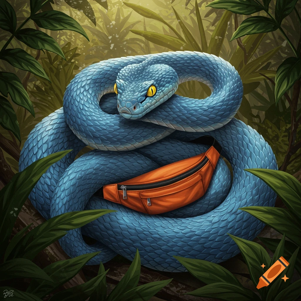 A vibrant blue snake, with yellow slit eyes, coiled in a lush green jungle, wearing a bright orange fanny pack. Detailed illustration.