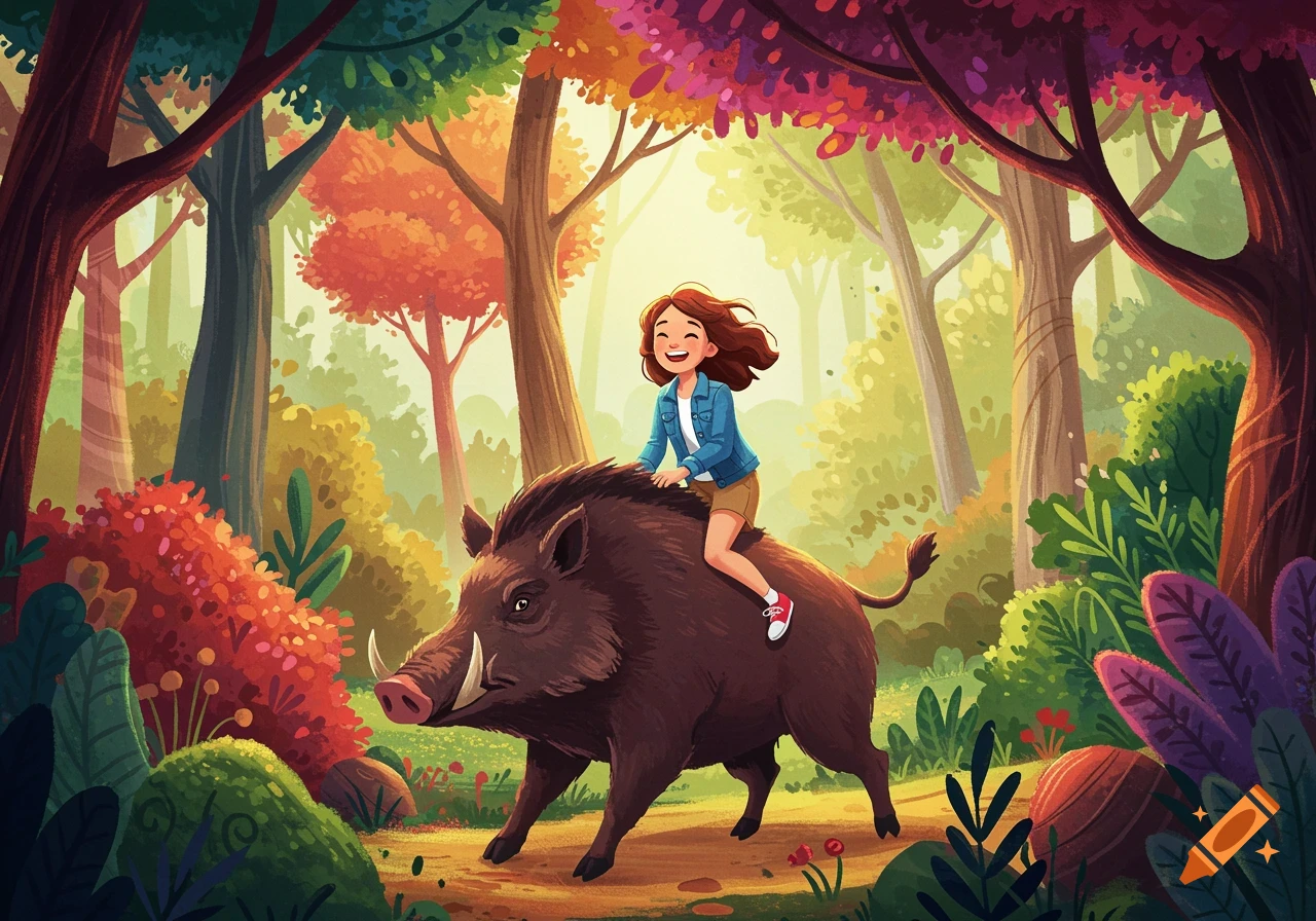 Cartoon illustration of a smiling girl riding a friendly wild boar through a vibrant, whimsical forest.