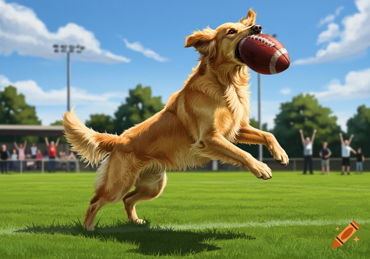 An illustrated golden retriever dog leaps, holding a football in its mouth, on a green sports field under a blue sky.