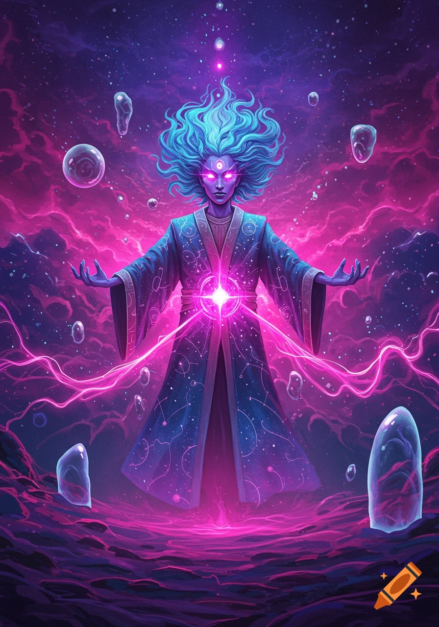 Ethereal figure with glowing eyes and blue hair, radiating pink energy in a cosmic, vibrant purple and pink fantasy landscape.