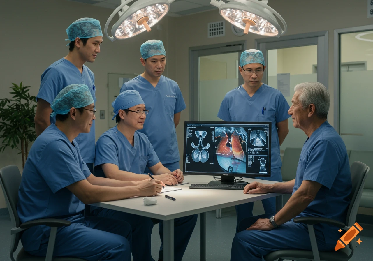 A group of surgeons in blue scrubs and caps review medical scans of lungs on a monitor during a consultation in a brightly lit room.
