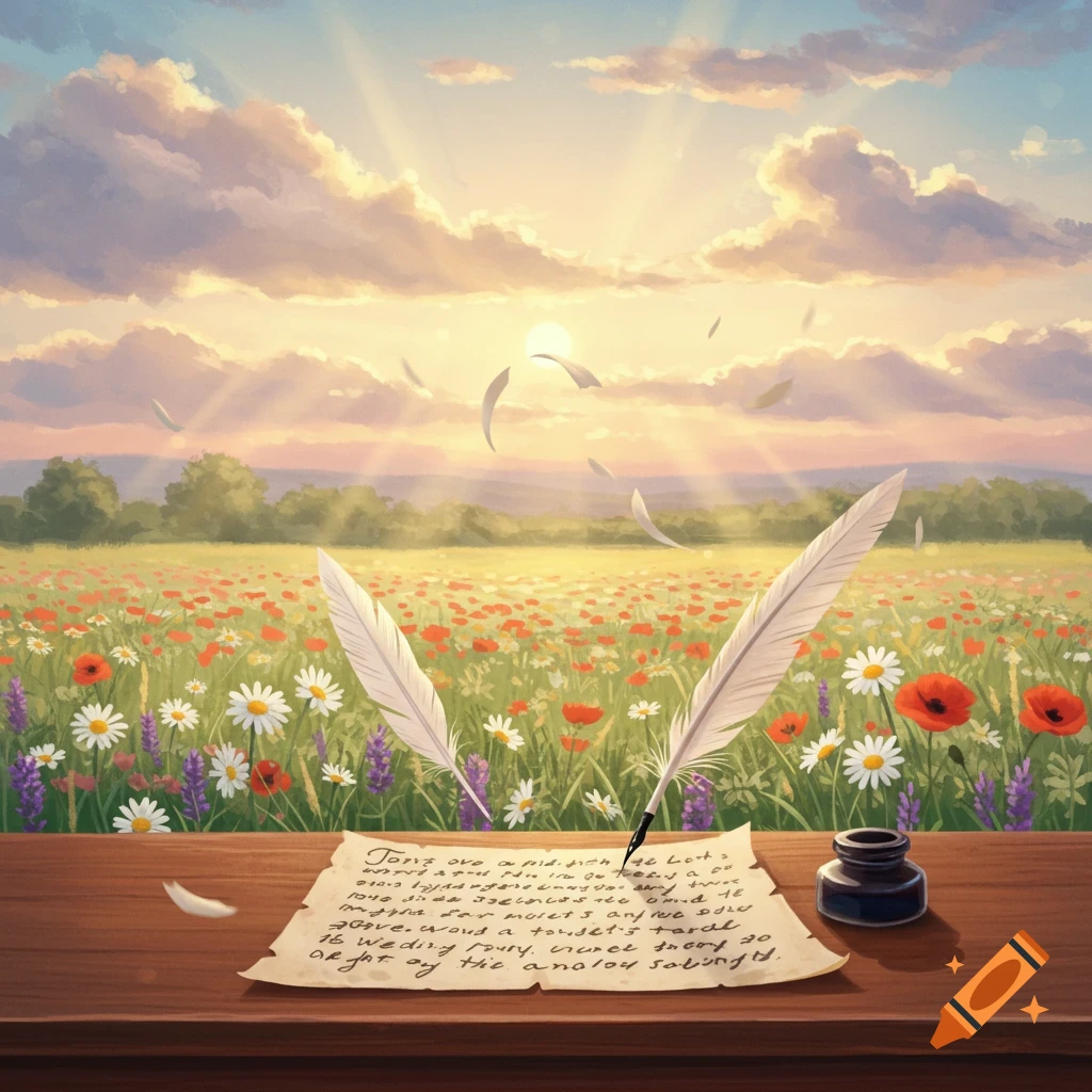 A wooden desk with quills, parchment, and an inkwell in a vibrant wildflower field under a radiant sky with floating feathers.