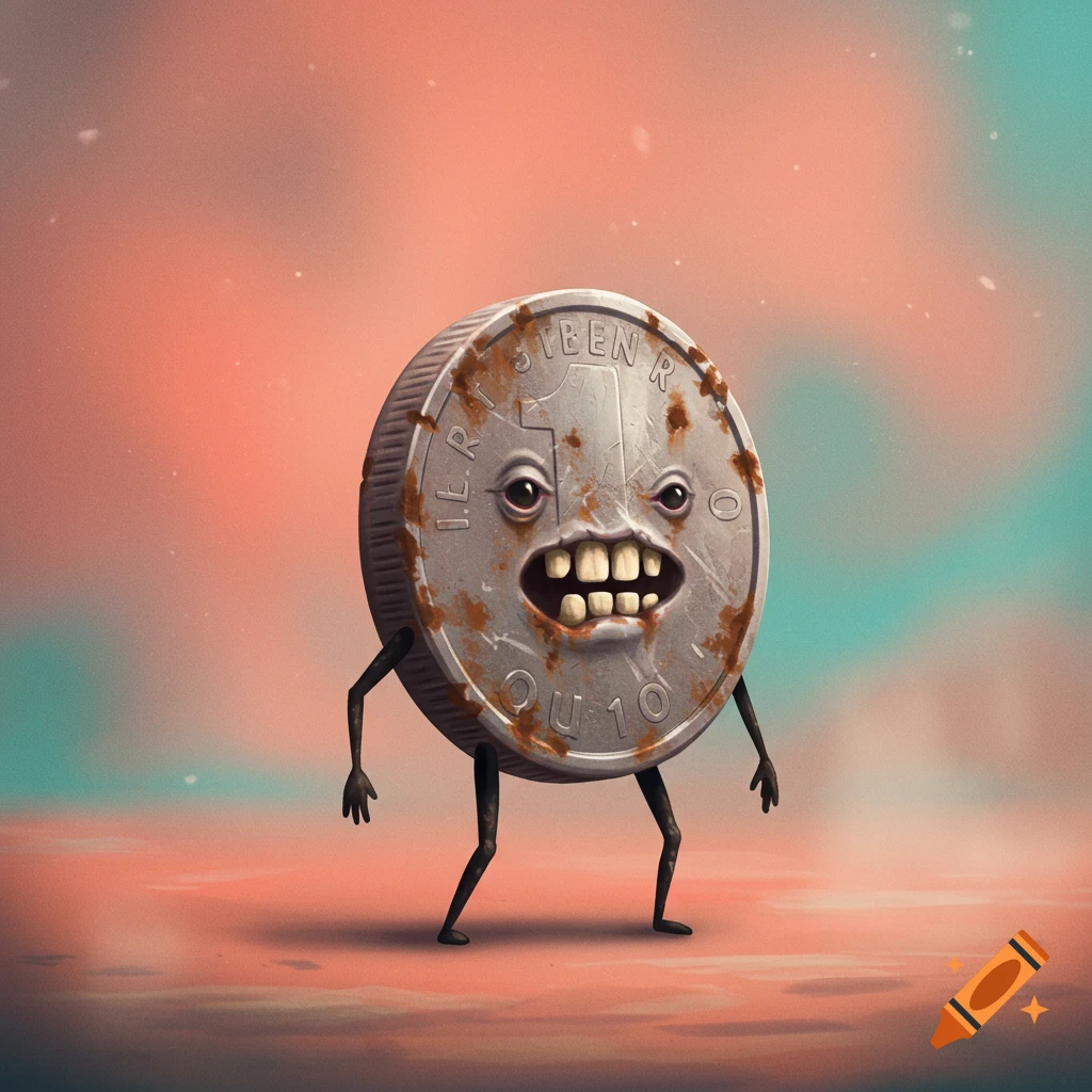 A rusty, anthropomorphic coin with stick arms and legs, a weird face, and dirty teeth stands against a reddish-blue background in a cartoon style.