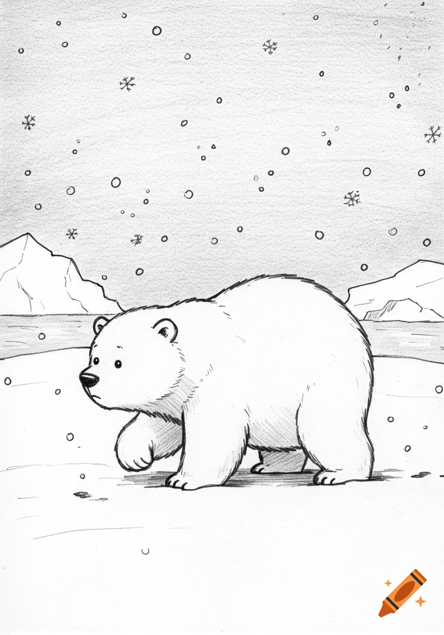 A charming pencil sketch of a cute polar bear walking through a snowy arctic landscape with distant icebergs.