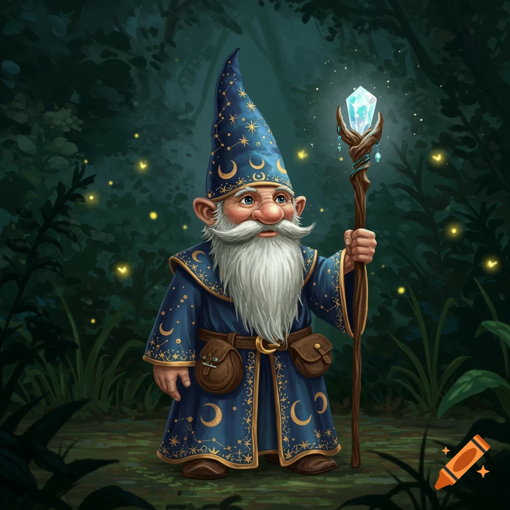 A whimsical gnome mage with a long white beard, wearing a blue, star-patterned robe and pointed hat, holding a glowing crystal staff in a dark, magical forest.