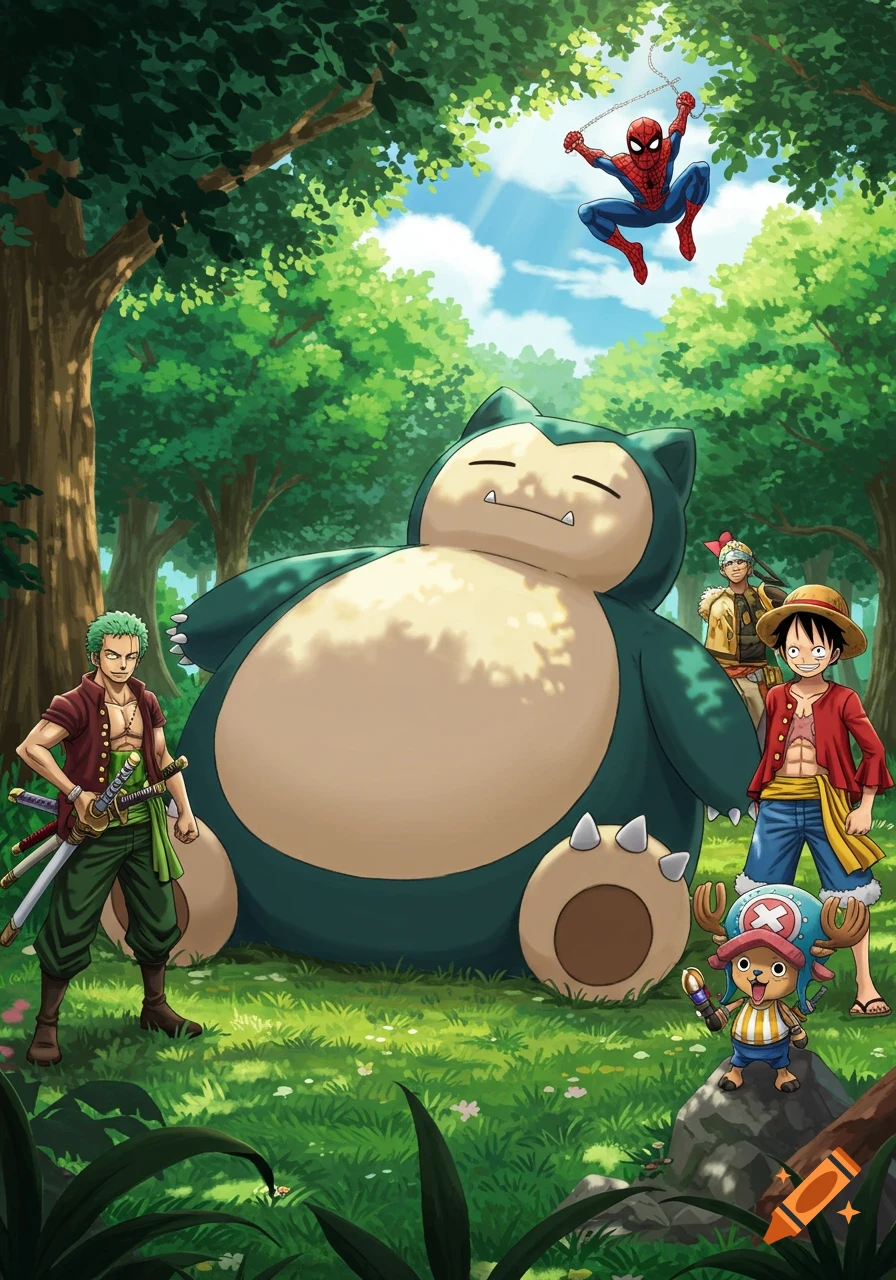Snorlax sleeps in a forest with Monkey D. Luffy, Roronoa Zoro, and Tony Tony Chopper from One Piece. Spider-Man swings above.