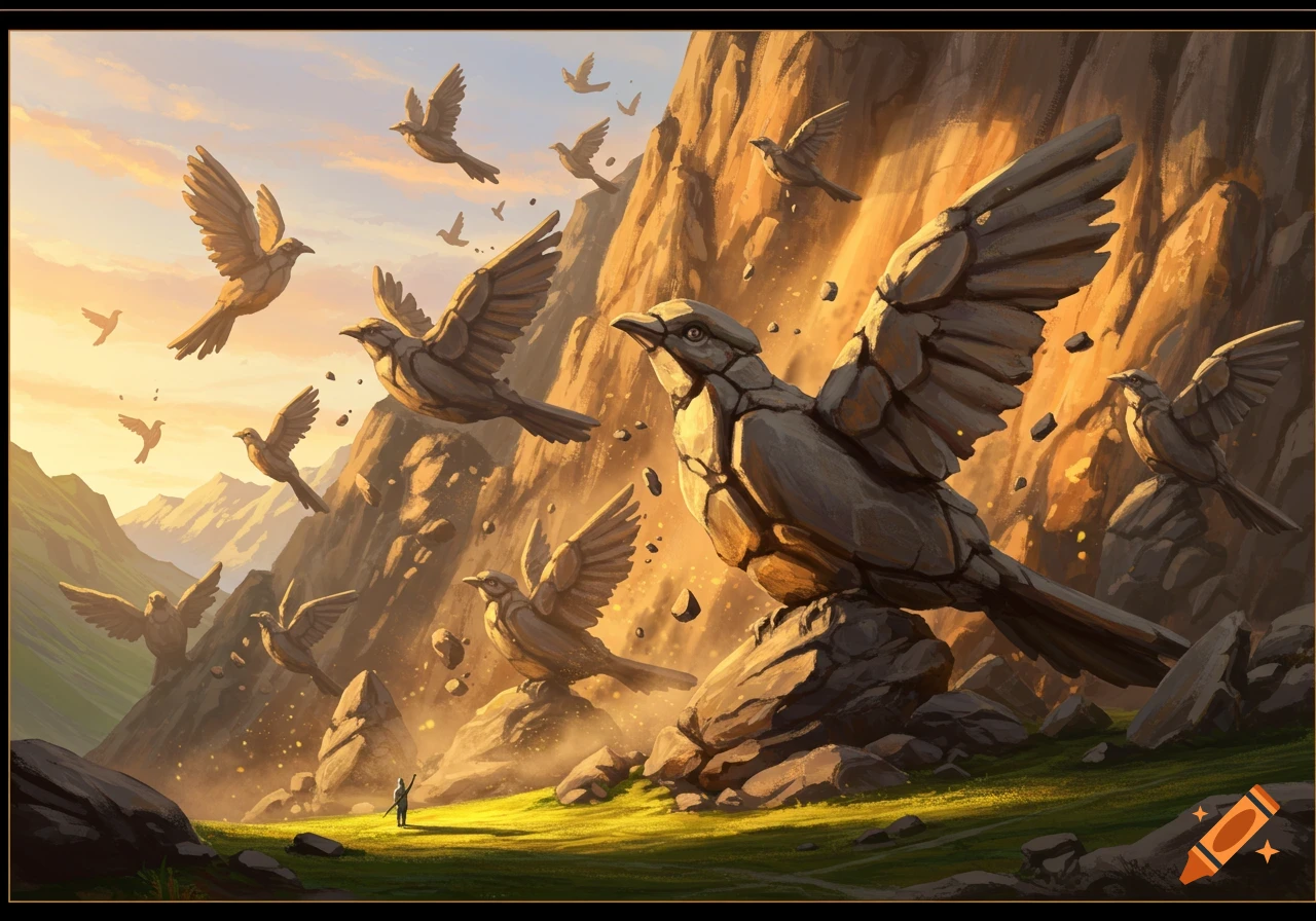 Massive stone birds take flight from a rocky mountain, observed by a small figure in a sunlit fantasy landscape.