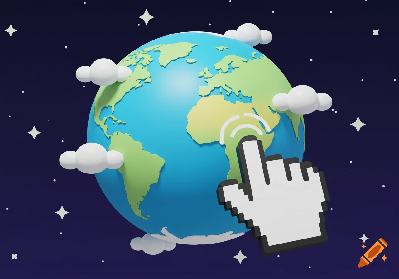 A 3D cartoon rendering of Earth in space with clouds and stars, being clicked by a large pixelated mouse cursor.