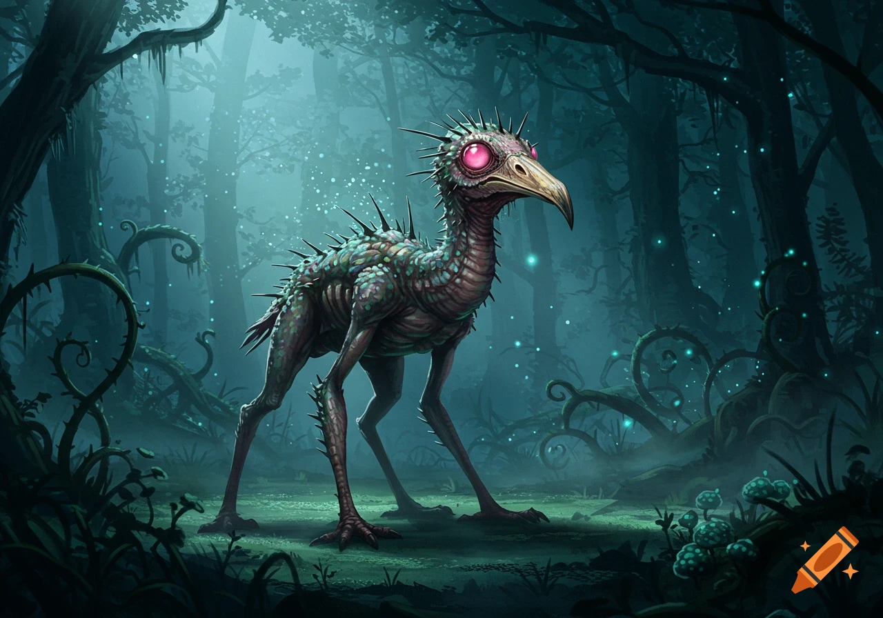 A spindly, spiked cryptid with a bird beak and bulging pink eyes stands in a misty, dark forest.