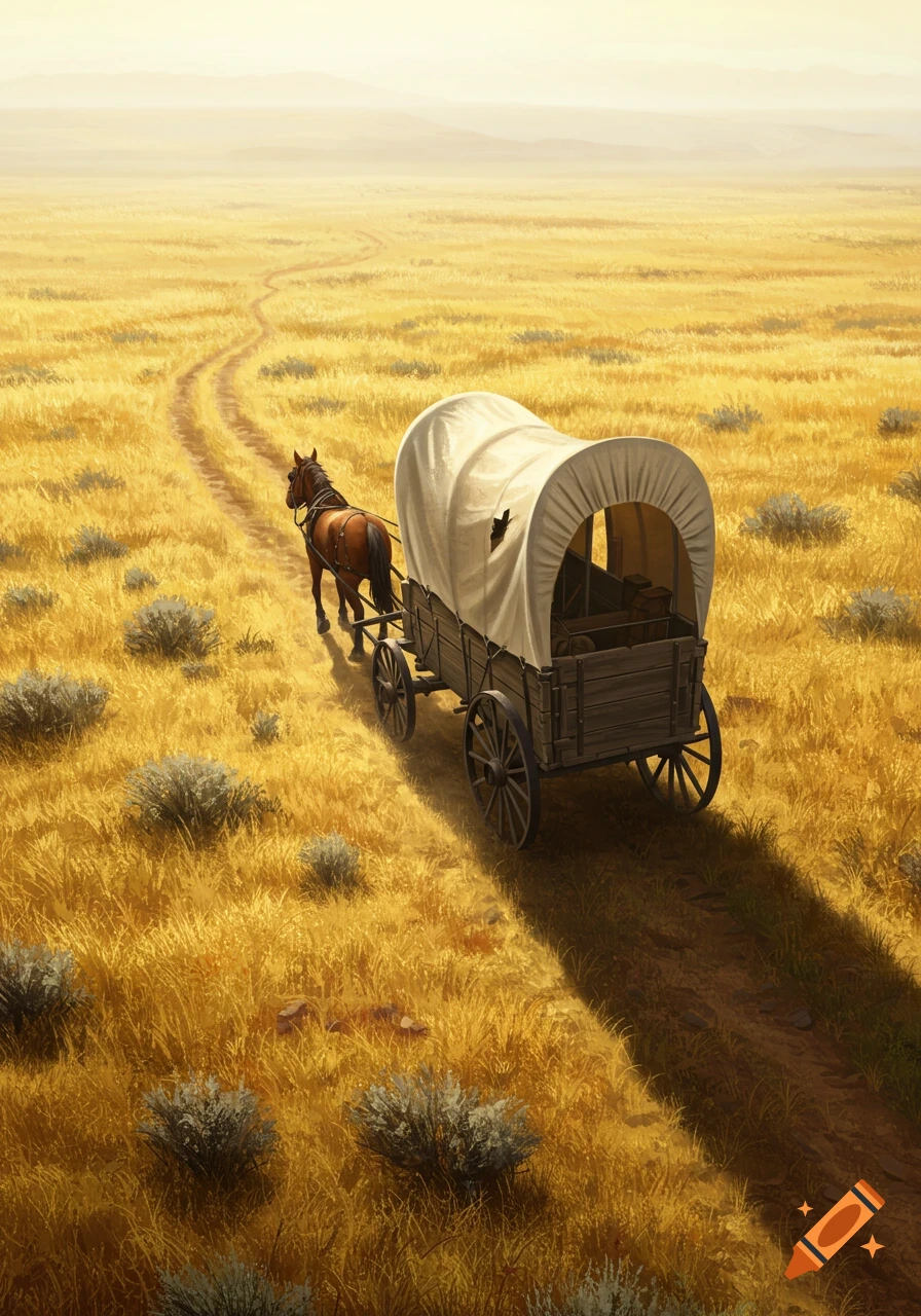A horse pulls a covered wagon down a winding dirt path through a vast, golden field under a hazy sky.
