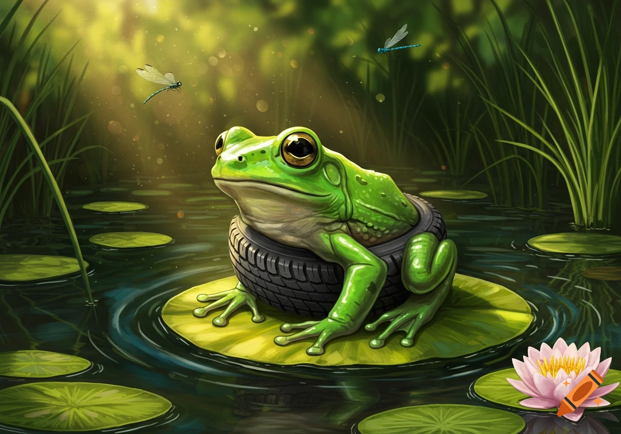 A green frog with a tire around its body sits on a lily pad in a sunny pond with dragonflies and a pink water lily, digital painting.