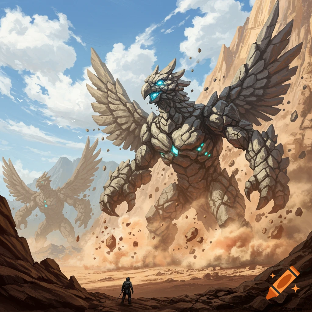 Two massive rock-winged monsters with glowing blue eyes and chests emerge from a desert rockslide, towering over a tiny warrior.