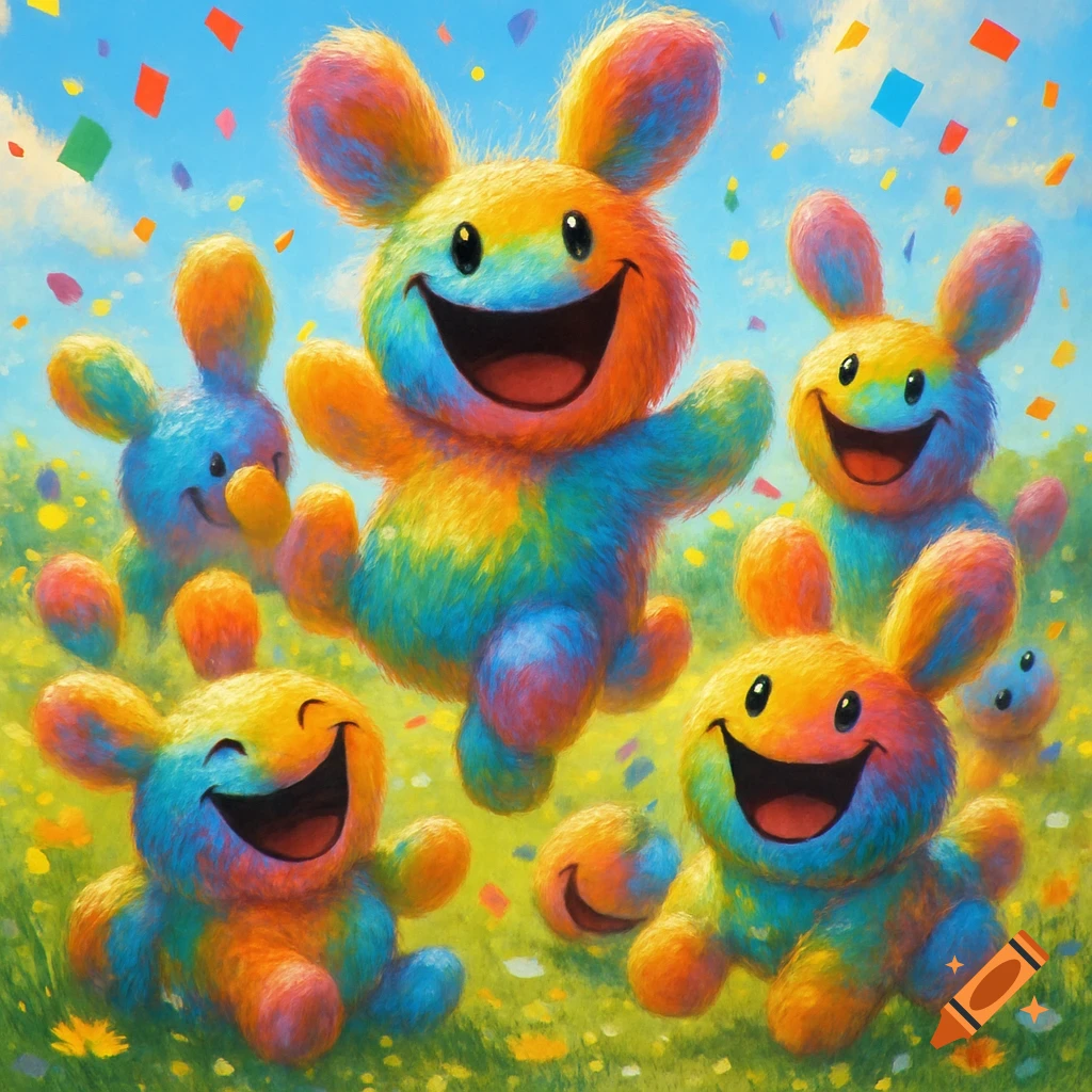 Vibrant cartoon image of fluffy, rainbow-colored, smiling creatures playing in a grassy field with confetti falling.