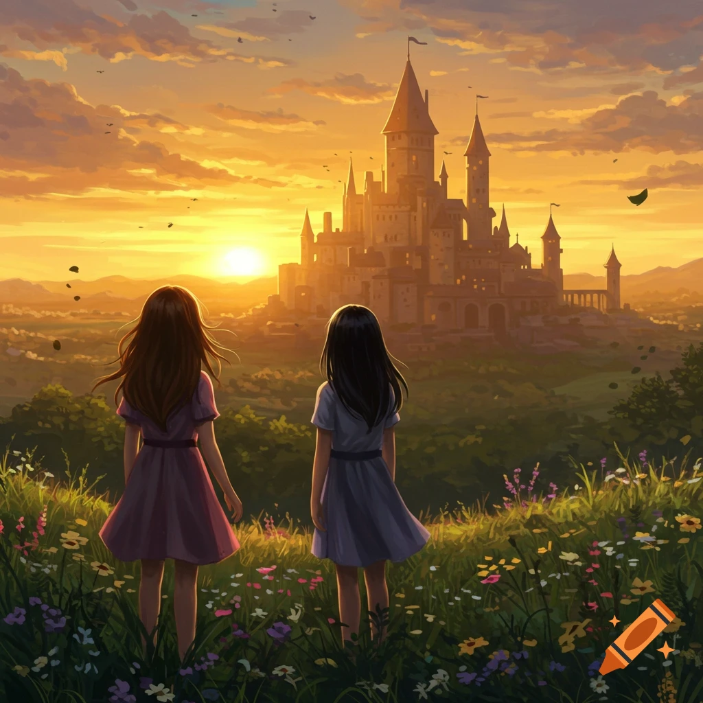 Two girls with long hair stand in a wildflower field, gazing at a majestic castle under a golden sunset sky in an anime style.