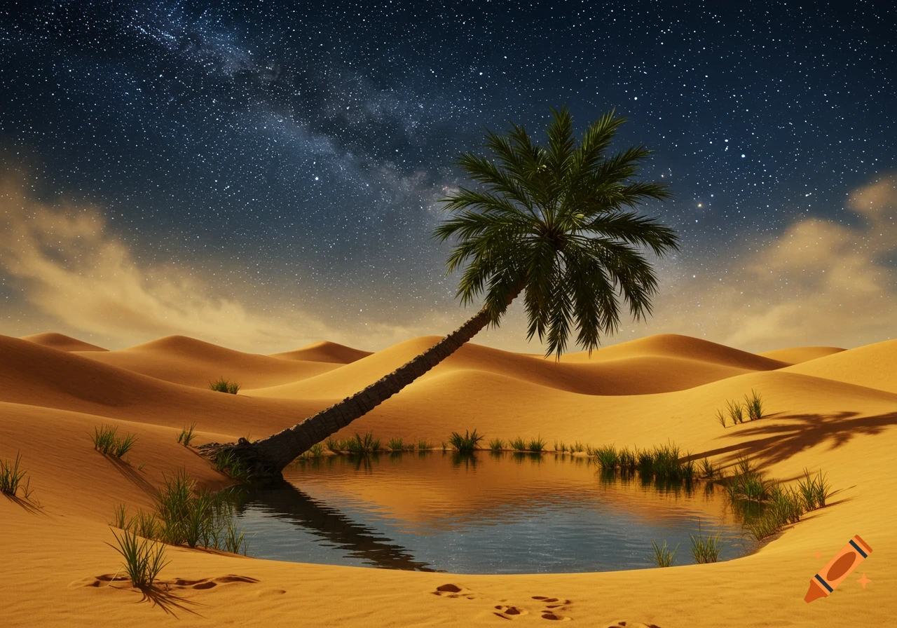 Photorealistic image of a desert oasis at night, with a palm tree, small pond, sand dunes, and a starry sky.