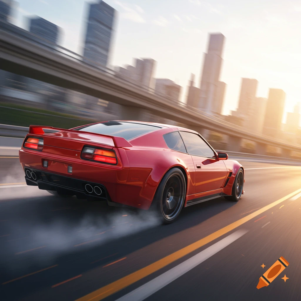A red sports car speeds on a highway, with city buildings and a sunset in the background.