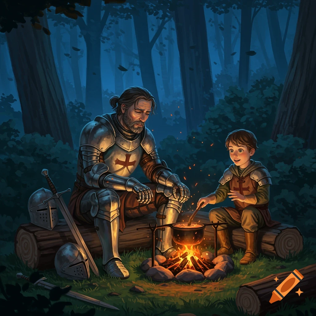 A seasoned knight and his young squire sit by a warm campfire in a moonlit forest, the squire stirring a bubbling stew. Illustrated fantasy art.