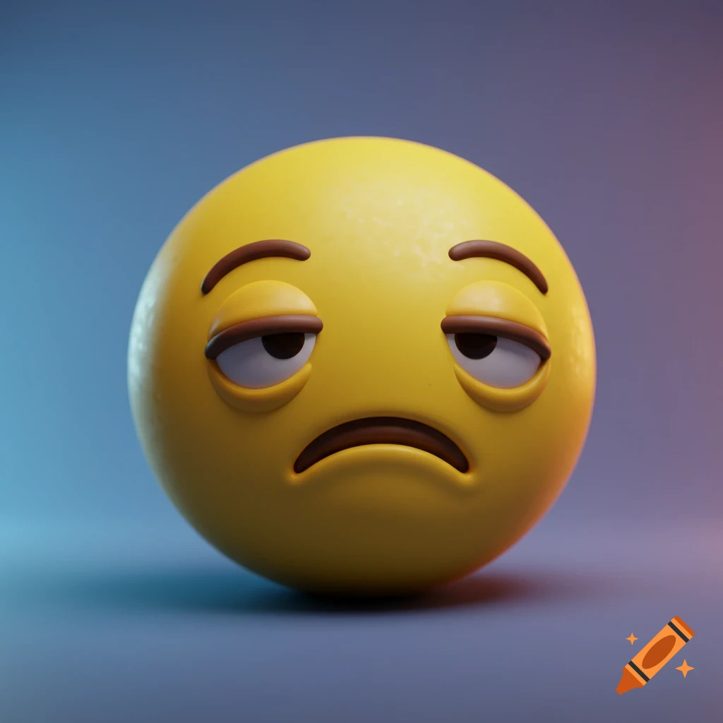 A 3D rendered yellow exhausted emoji with droopy eyes and a slight frown on a blue and purple gradient background.