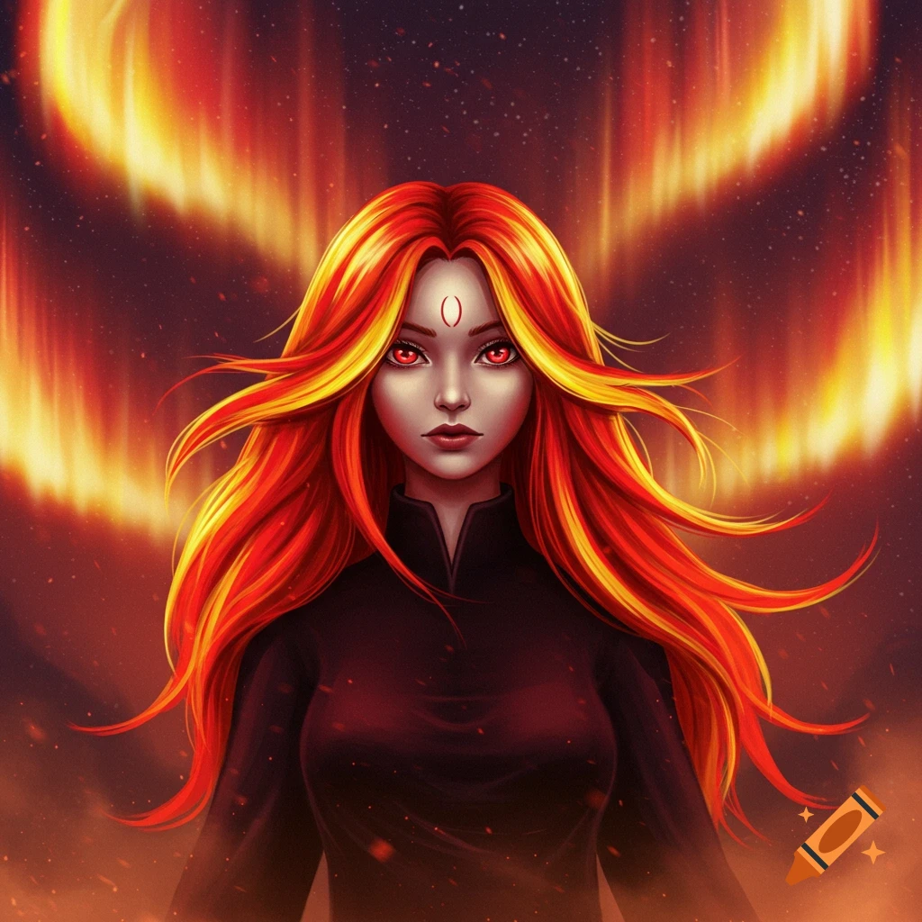 A digital art portrait of a fantasy woman with fiery red and yellow hair, glowing red eyes, and a symbol on her forehead, against an aurora background.