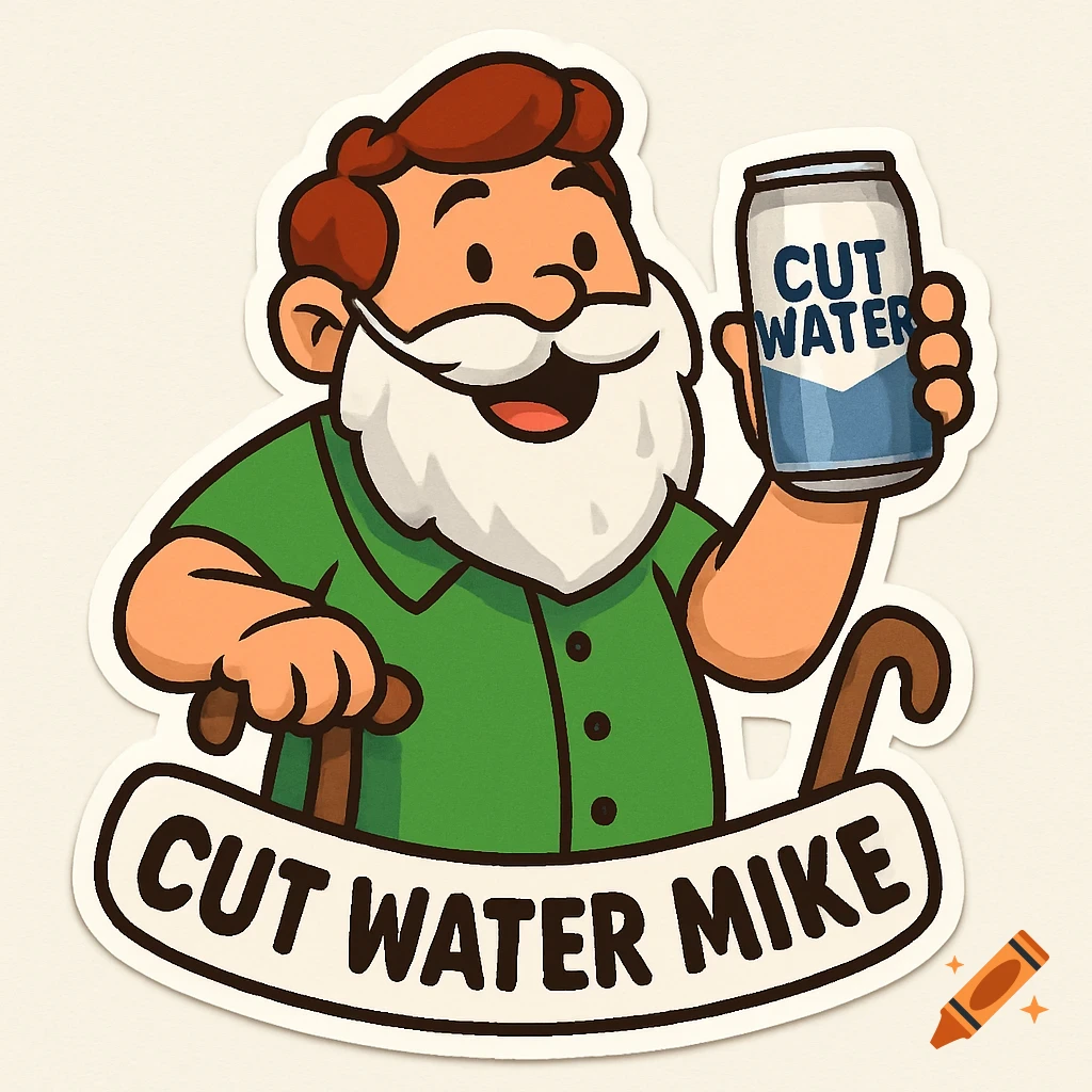 Cartoon sticker of a smiling man with a white beard, green shirt, holding a 'CUT WATER' can and a cane. 'CUT WATER MIKE' is written below.