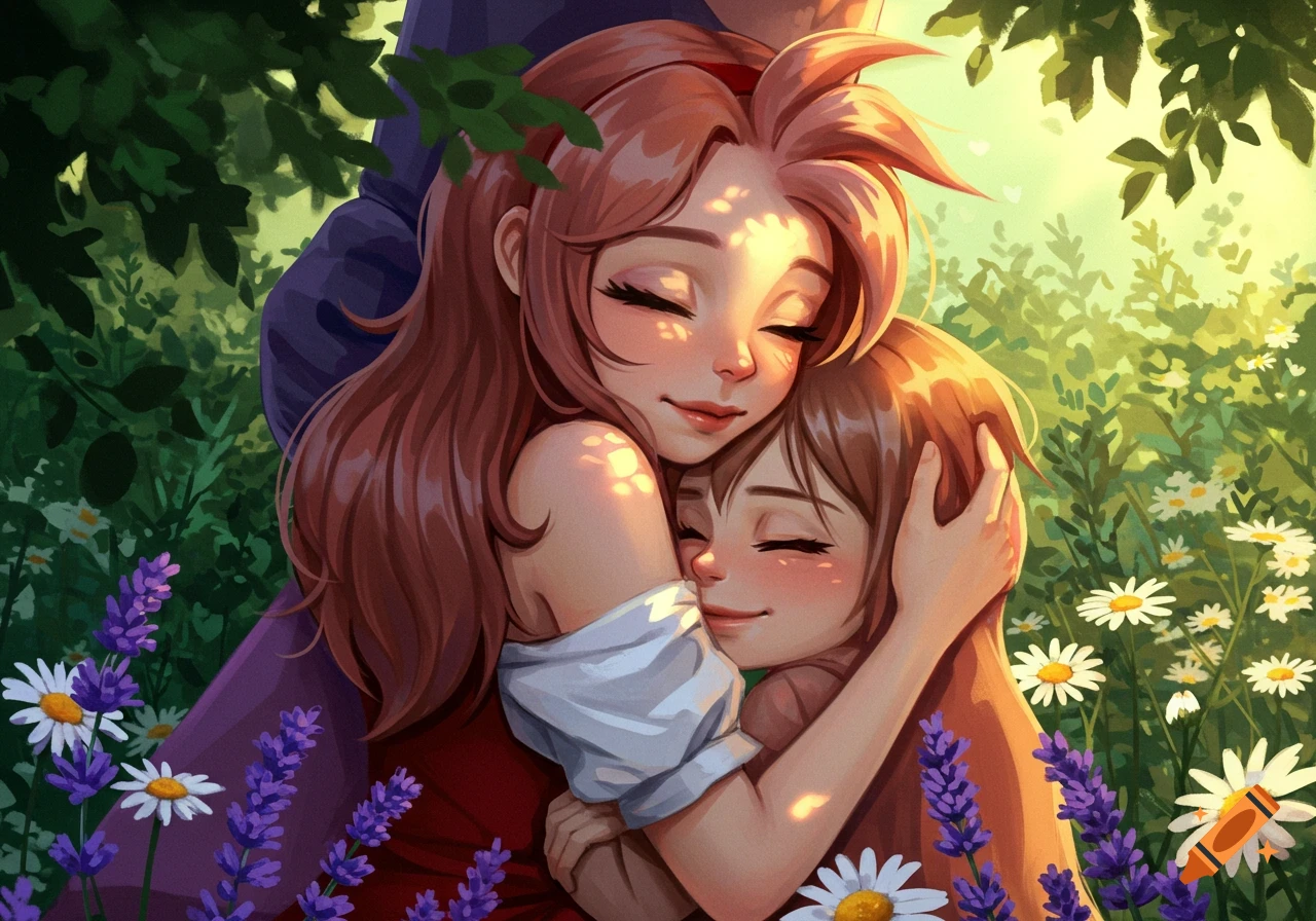 Anime illustration of two individuals hugging lovingly in a sunny field with lavender and daisies.