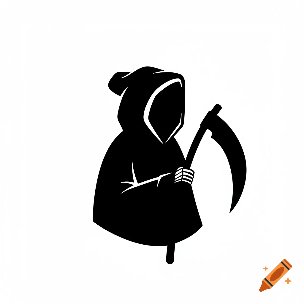 Black silhouette icon of the Grim Reaper in a hooded cloak, holding a scythe, on a white background.