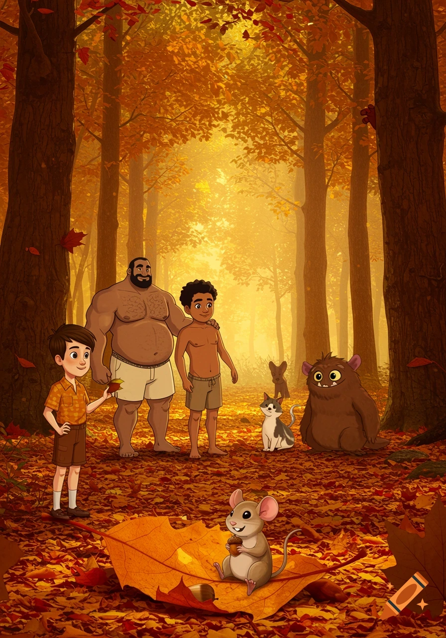 A stylized autumn forest scene with golden light, showing a muscular man, two boys, a cat, a monster, and a mouse on a large leaf.