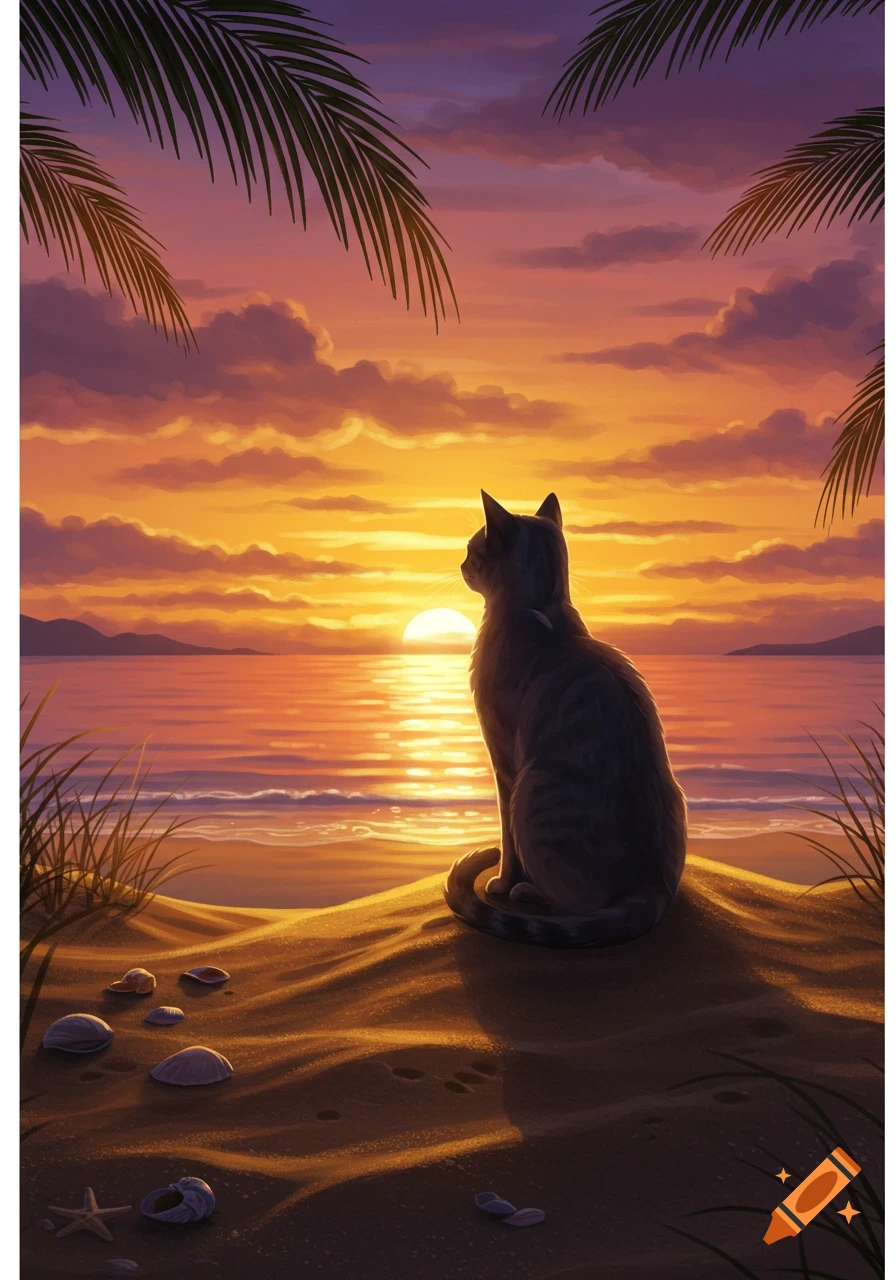A stylized illustration of a cat sitting on a sandy beach, looking out at a vibrant orange and purple sunset over the ocean.