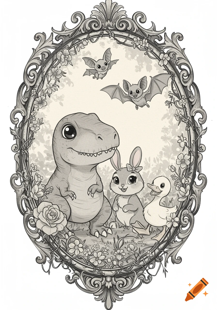 A black and grey whimsical cartoon illustration of a T-Rex, bunny, duckling, and two bats inside an ornate vintage floral frame.