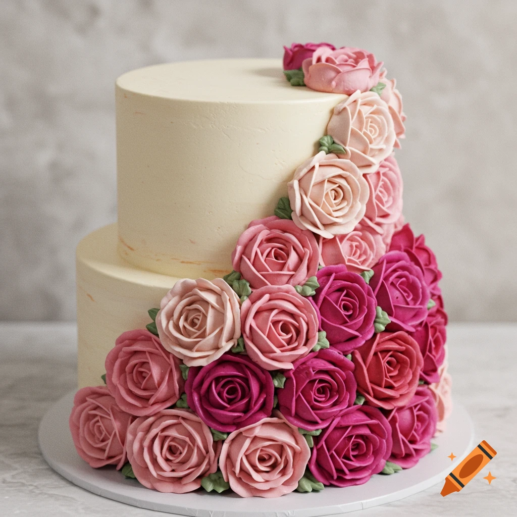 A beautiful two-tiered cream-colored cake decorated with numerous piped buttercream roses in shades of pink and magenta.