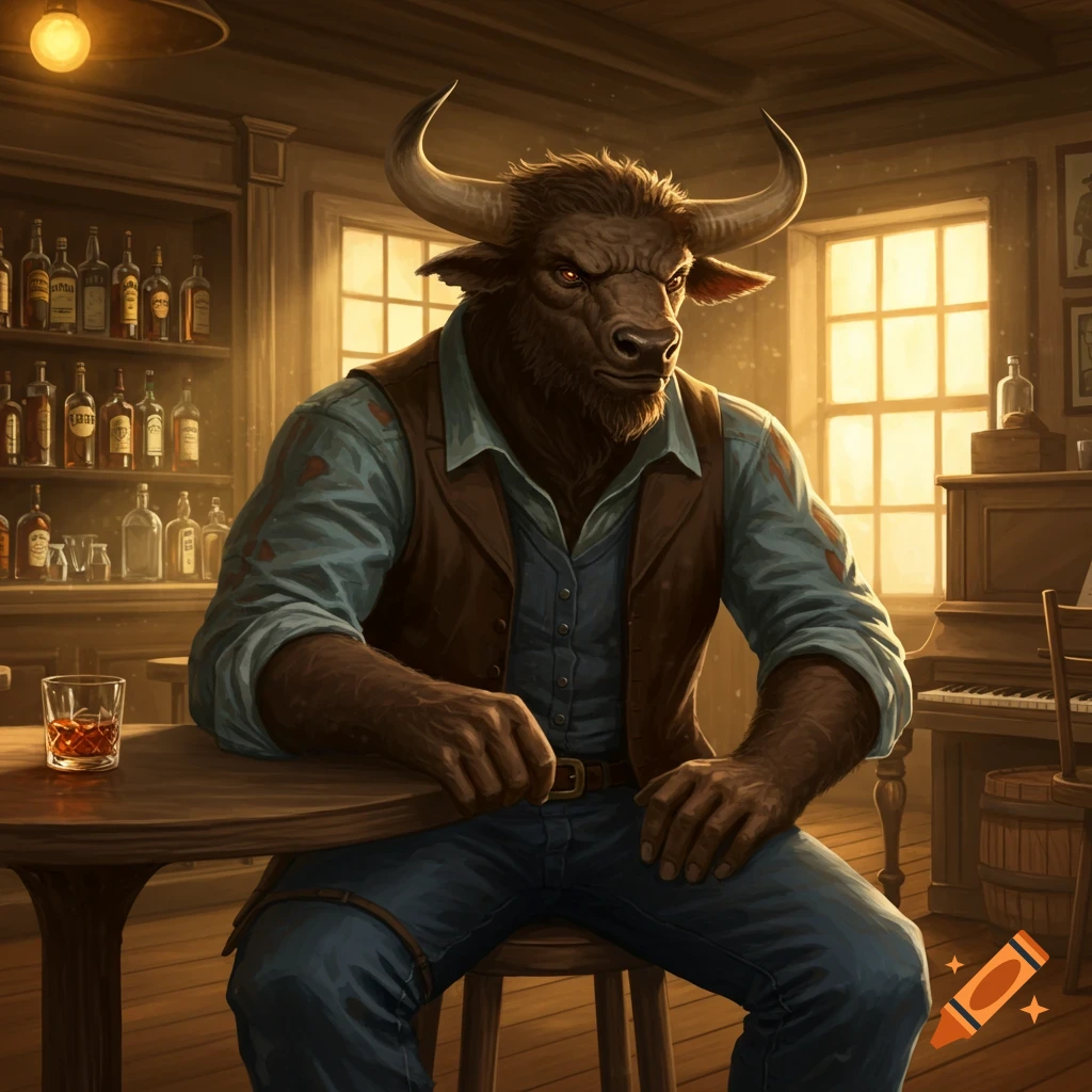 A rugged minotaur in cowboy attire sits at a wooden bar table in a dimly lit saloon, a glass of whiskey nearby.