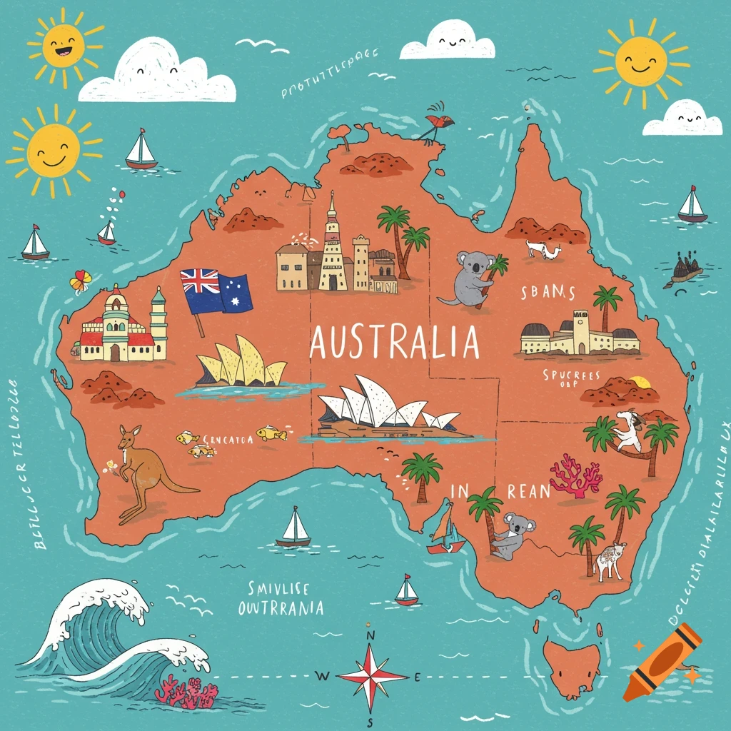 A charming cartoon map of Australia featuring landmarks, animals, and ocean details under smiling suns.