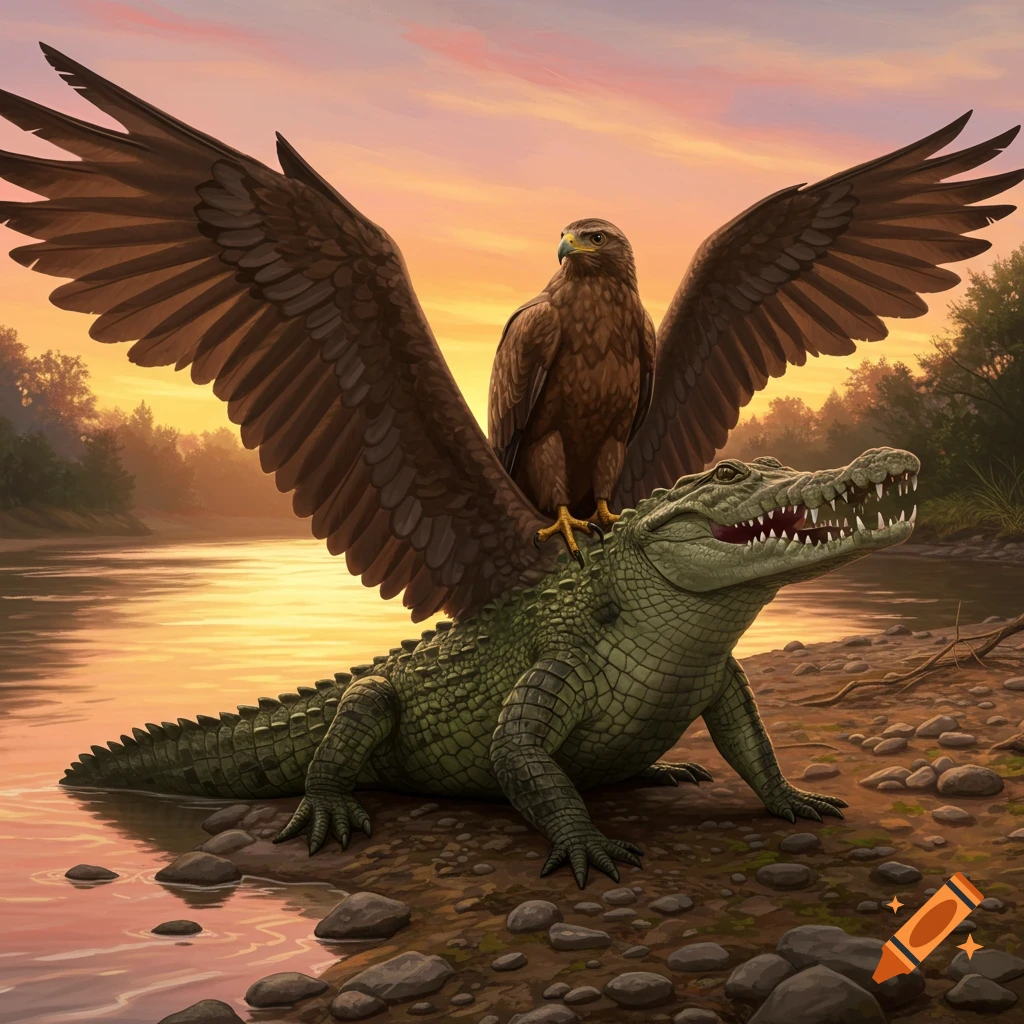 An eagle with outstretched wings perched on the back of a large green crocodile by a river at sunset, photorealistic style.