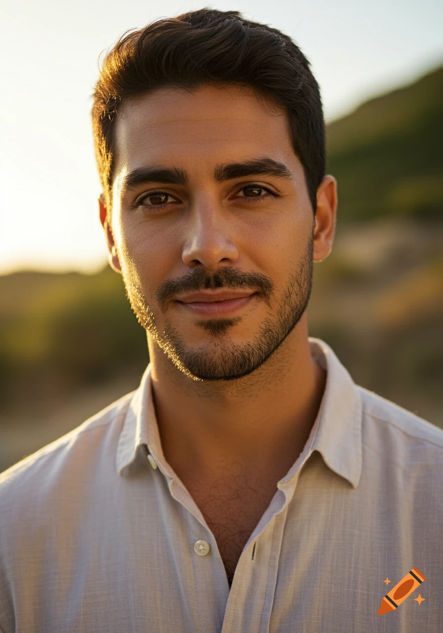 A photorealistic portrait of a confident man with dark hair and stubble, smiling faintly under soft natural light.