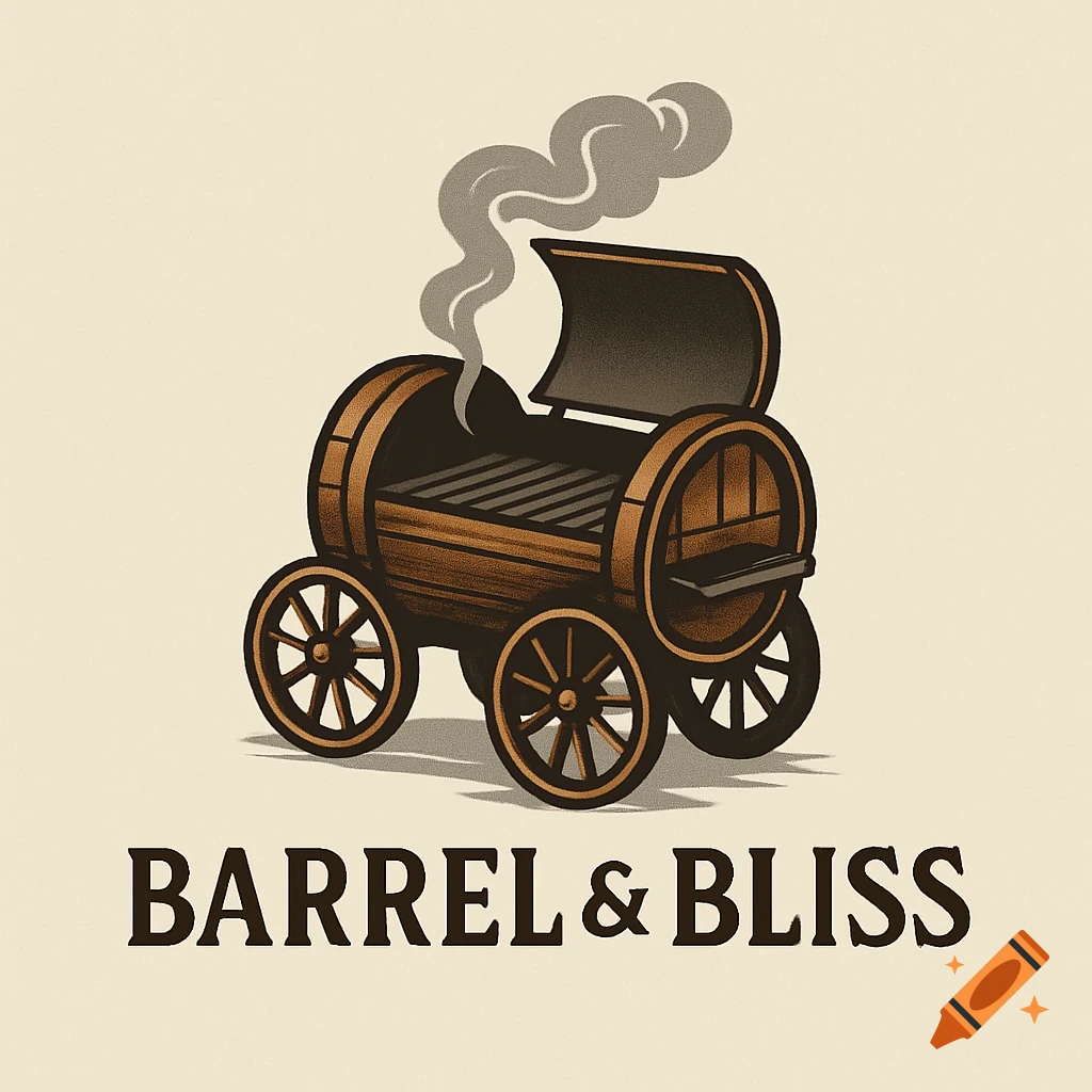 A vintage-style logo featuring a barrel-shaped BBQ smoker with wagon wheels, emitting smoke, with "BARREL & BLISS" text.
