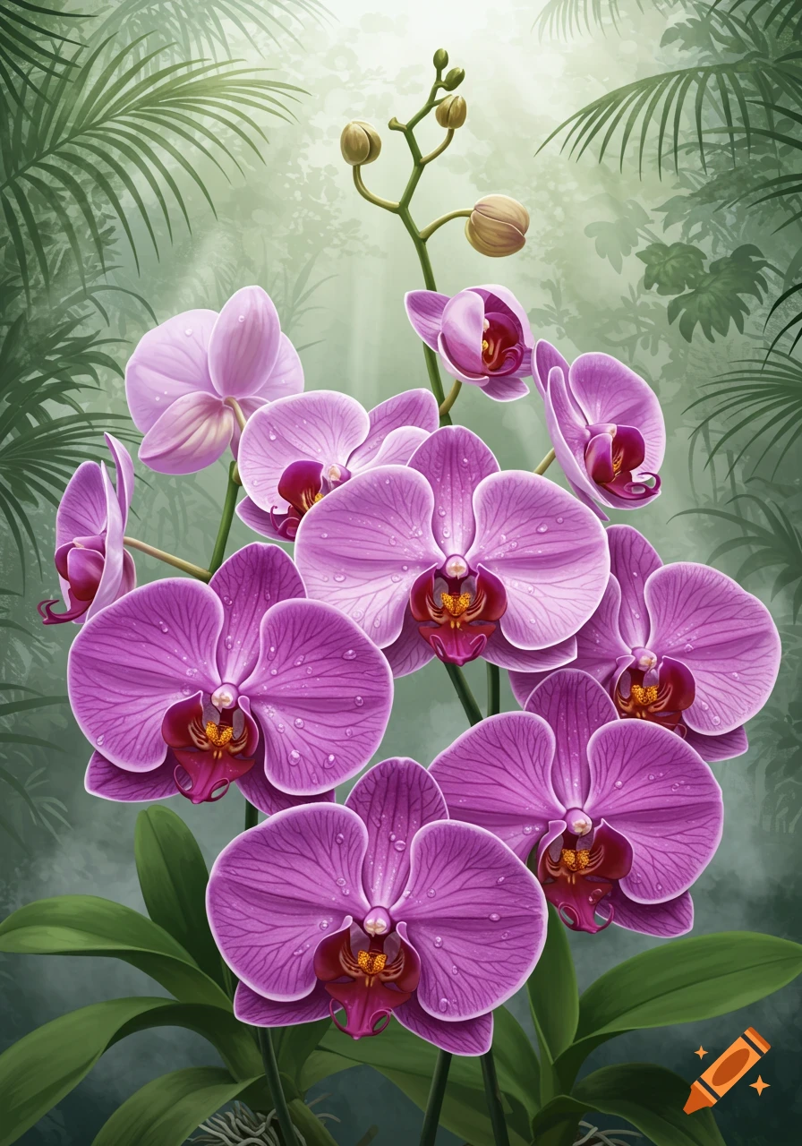 A vibrant illustration of purple orchids with water droplets in a lush jungle setting.
