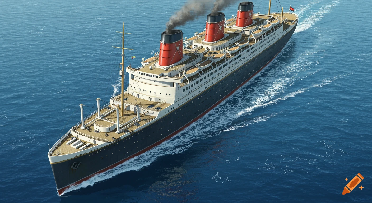 A detailed aerial view of a classic ocean liner with red and black smokestacks sailing on a blue sea, leaving a white wake.