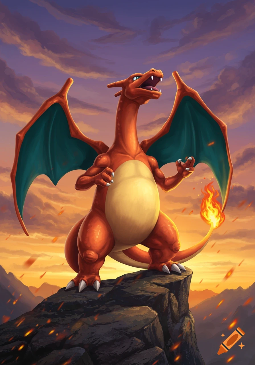 A muscular Charizard stands on a rocky cliff against a sunset sky, with a flaming tail and green wings.