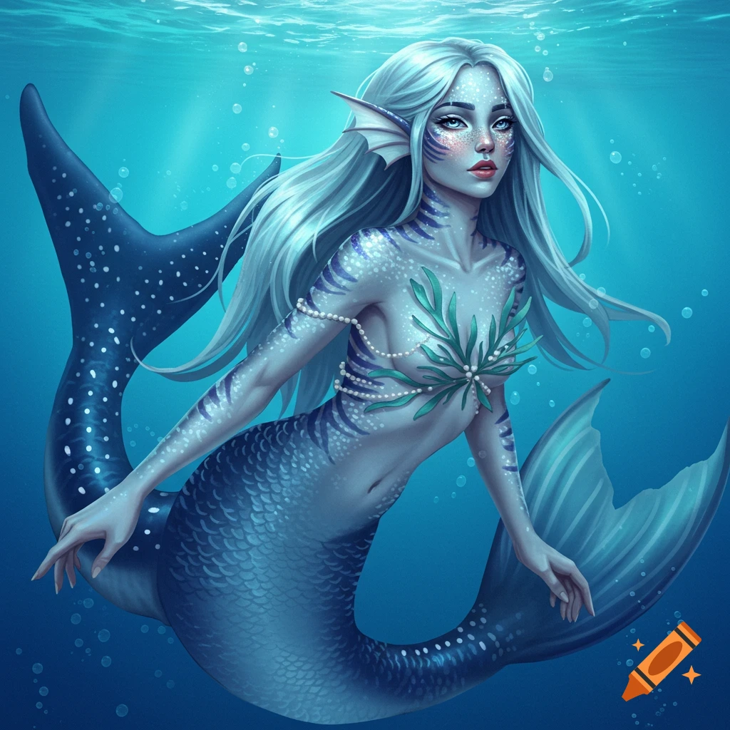 A pale blue-haired mermaid with blue and white spotted markings, a leafy top, and a navy blue whale shark tail swims underwater.