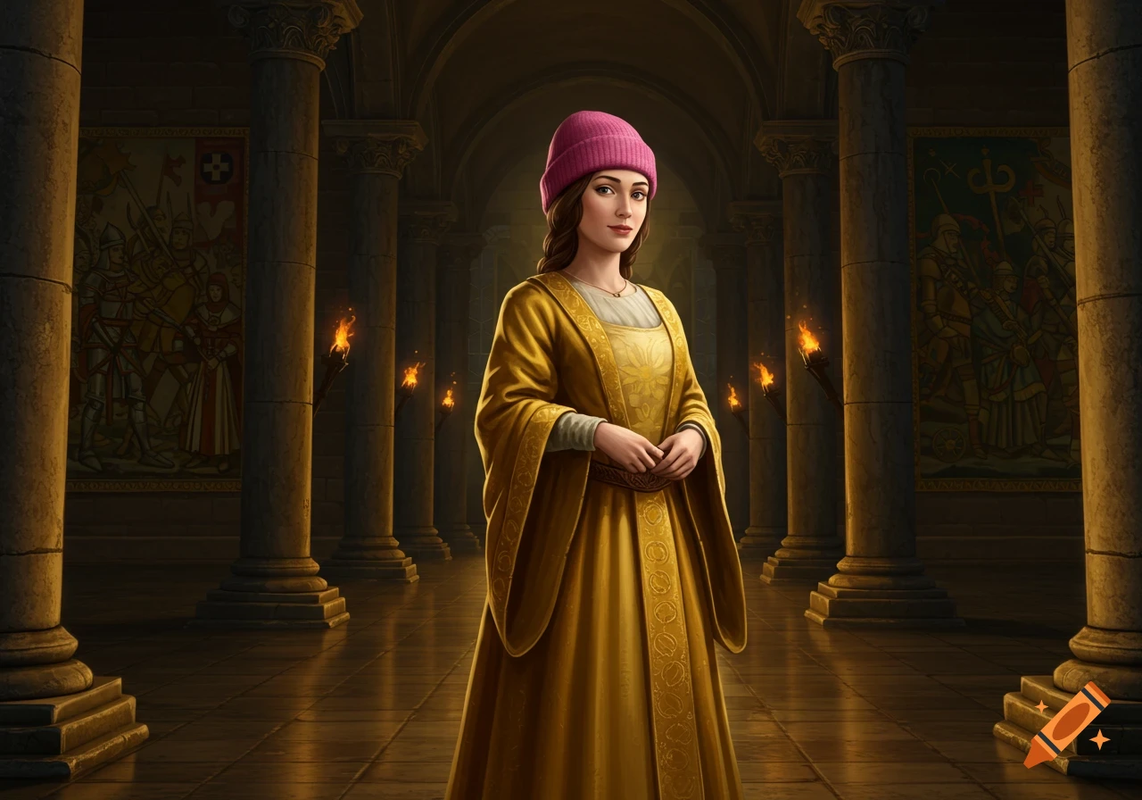 A woman in a golden medieval gown and a pink beanie stands in a dimly lit hall with columns and torches.
