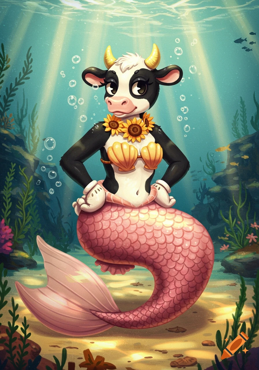 A cartoon cow mermaid with black and white fur, yellow horns, sunflower necklace, shell bra, and pink tail, underwater.