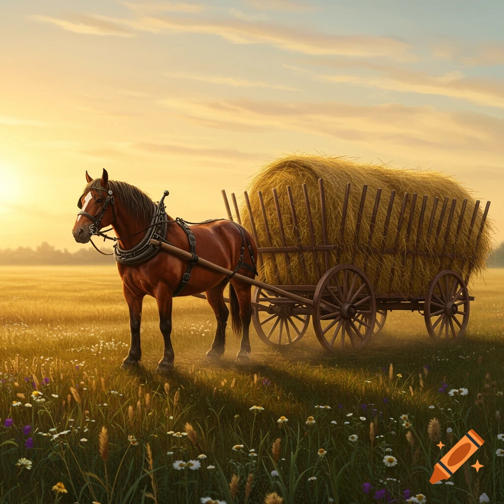 A brown horse pulls a large hay cart through a golden field at sunset, with wildflowers in the foreground.