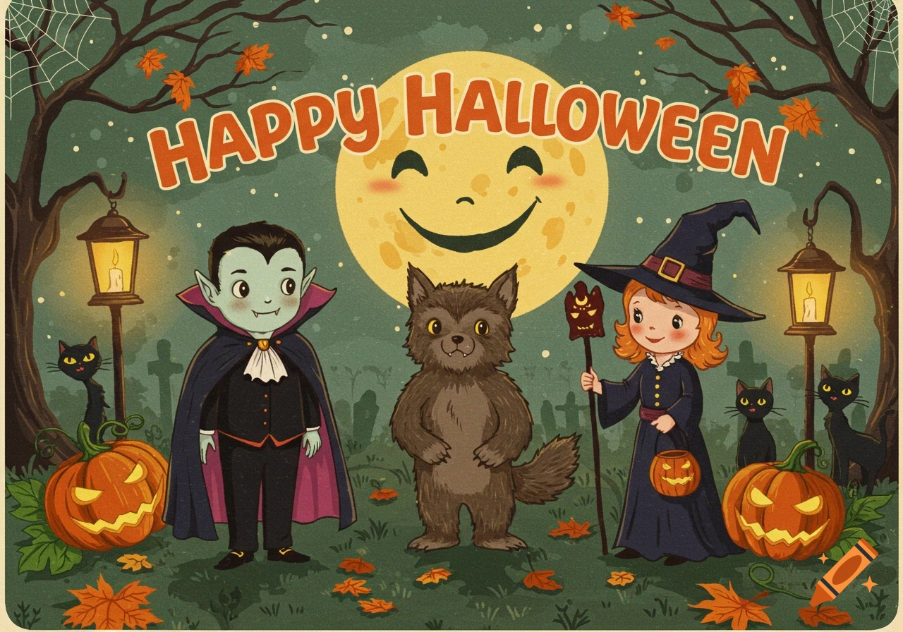 A vintage-style Halloween illustration featuring a vampire, werewolf, and witch trick-or-treating under a smiley moon, with pumpkins and black cats.
