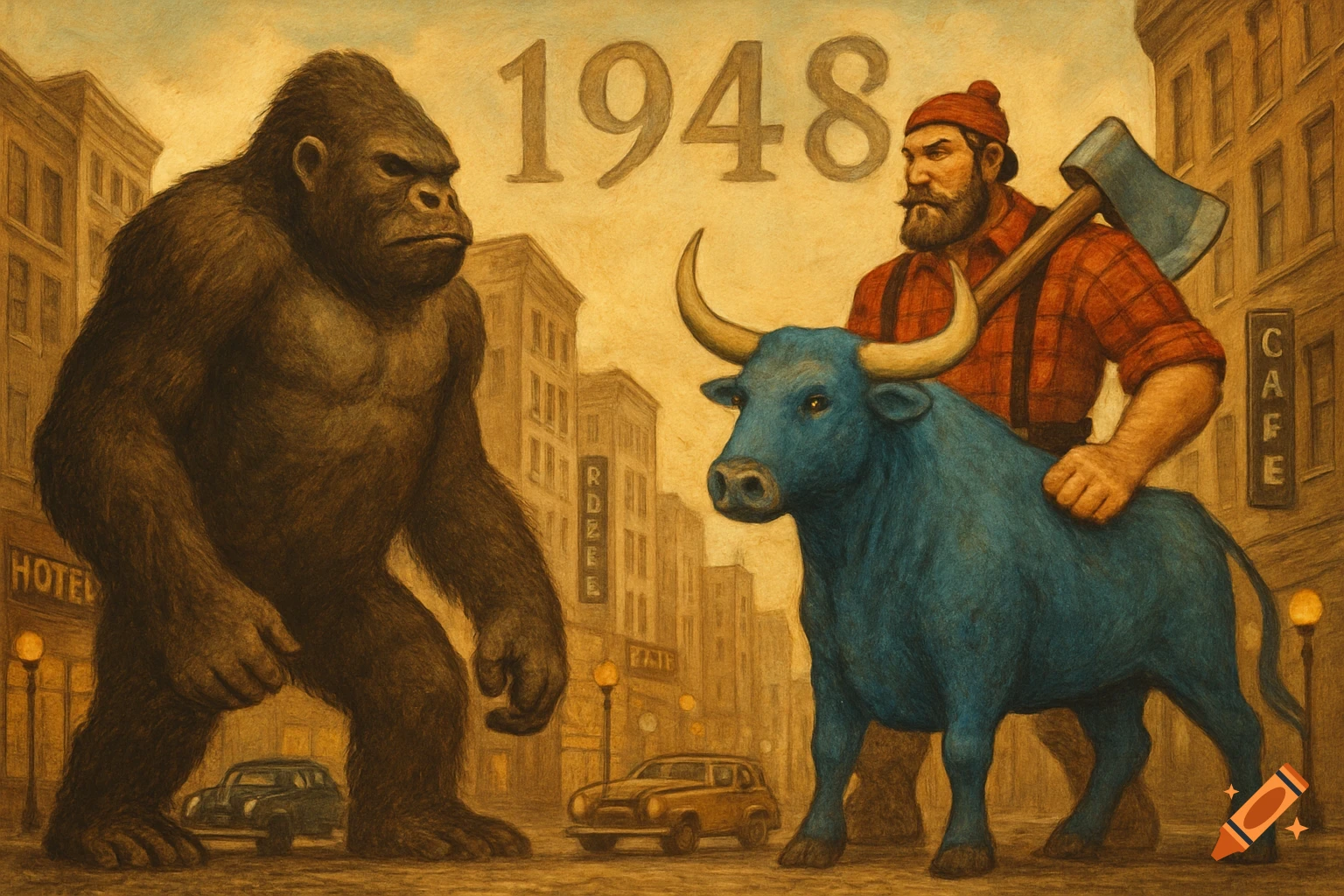 A giant gorilla, a lumberjack with an axe, and a blue ox on a 1948 city street, vintage illustration.