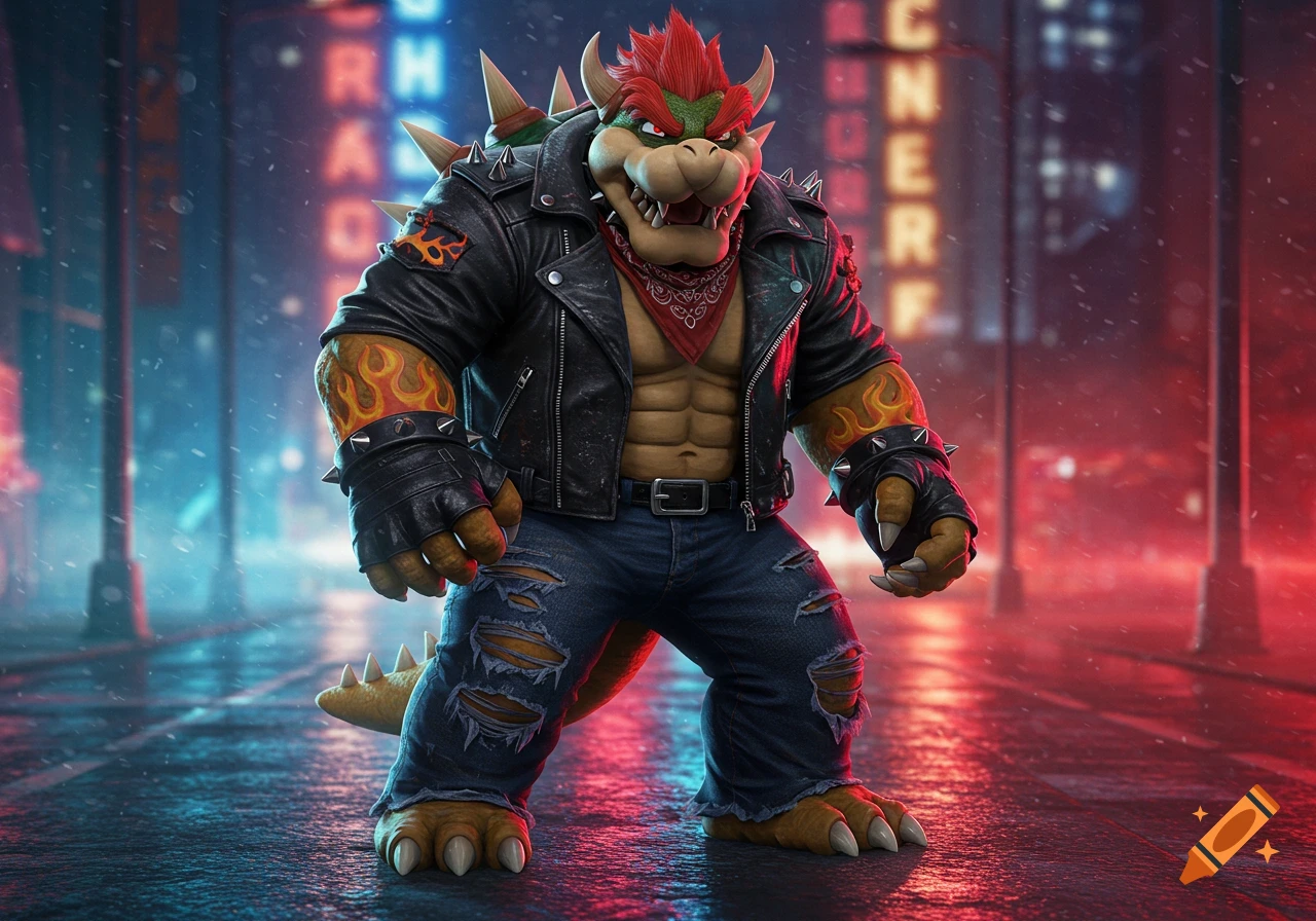 Bowser from Super Mario in a black leather biker jacket, red bandana, and ripped jeans, standing on a wet neon-lit street at night.