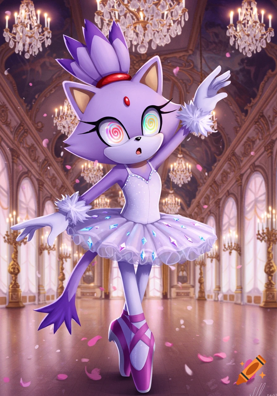 Blaze the Cat ballerina in a white tutu with spiral eyes dances in a grand ballroom with chandeliers and pink petals.
