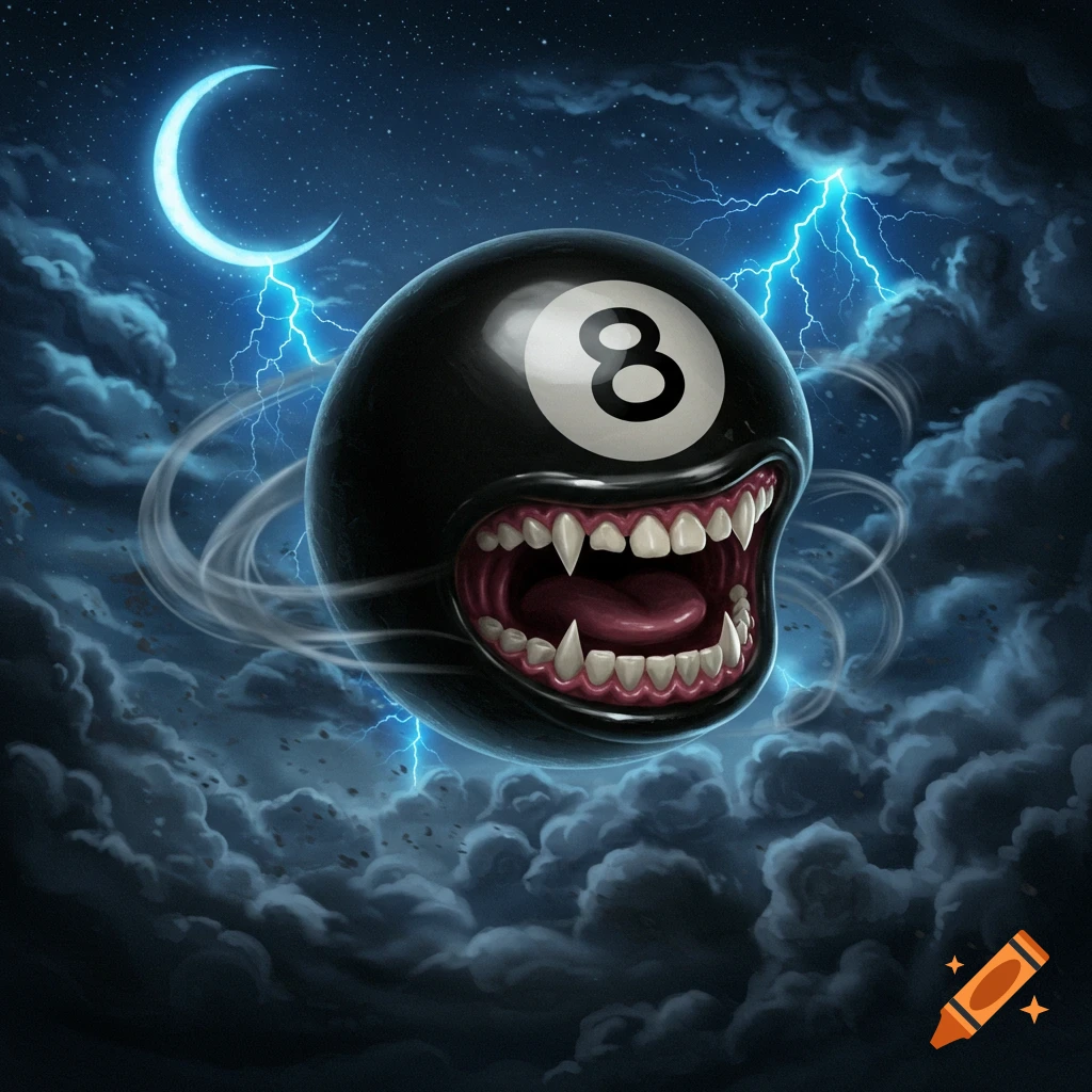 A menacing, cartoonish 8-ball with sharp fangs flies through a stormy night sky with lightning and a crescent moon, stylized.
