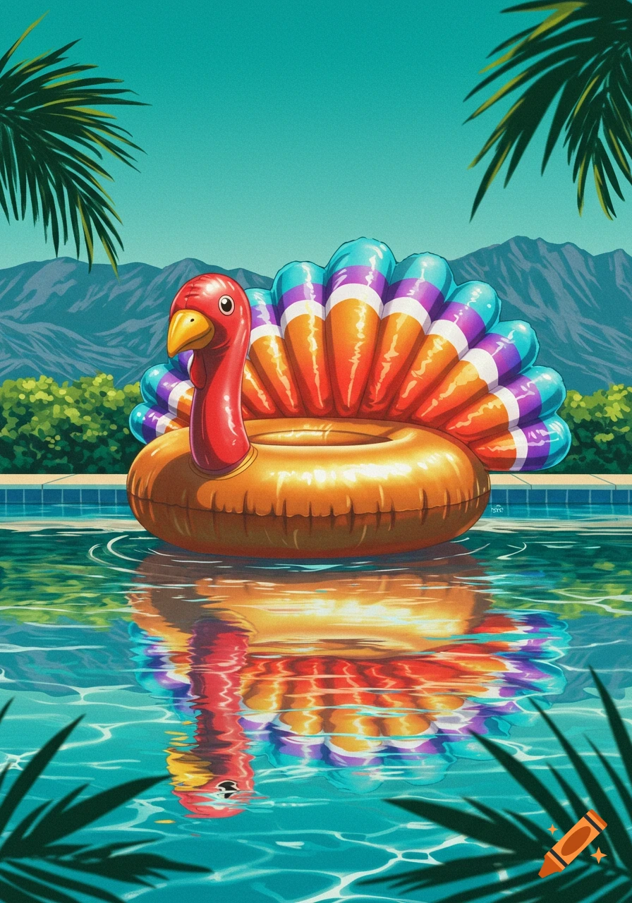 Vibrant illustration of a turkey-shaped pool float in a swimming pool with palm trees and mountains.
